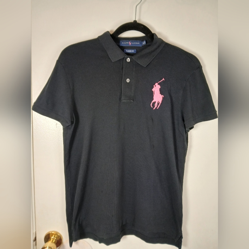 Ralph Lauren Classic Fit Polo Shirt Black Big Pink Pony Logo Youth‎ Medium